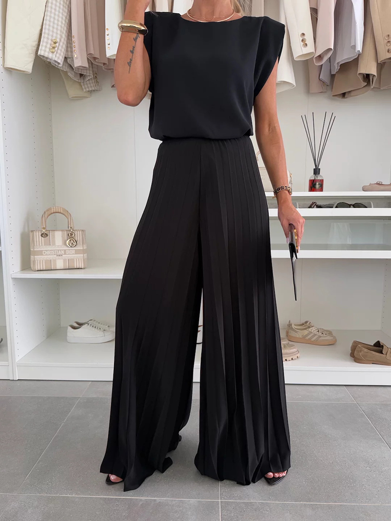 Round Neck Sleeveless Top Pleated Wide Leg Pants Two-Piece Set(BUY 2 FREE SHIPPING)