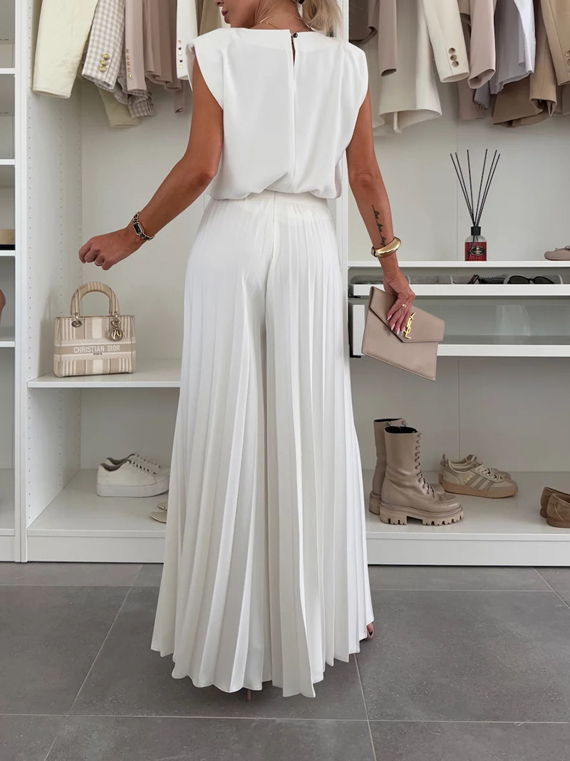 Round Neck Sleeveless Top Pleated Wide Leg Pants Two-Piece Set(BUY 2 FREE SHIPPING)