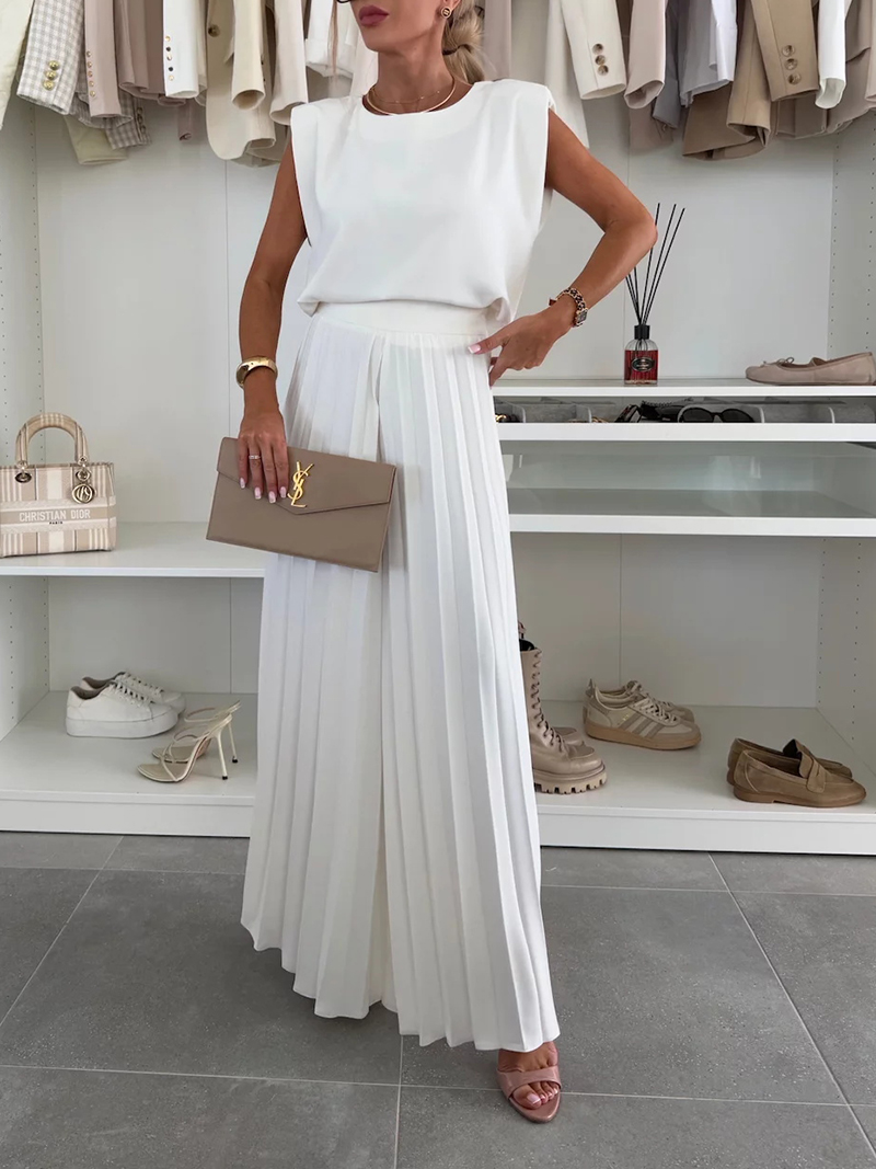 Round Neck Sleeveless Top Pleated Wide Leg Pants Two-Piece Set(BUY 2 FREE SHIPPING)