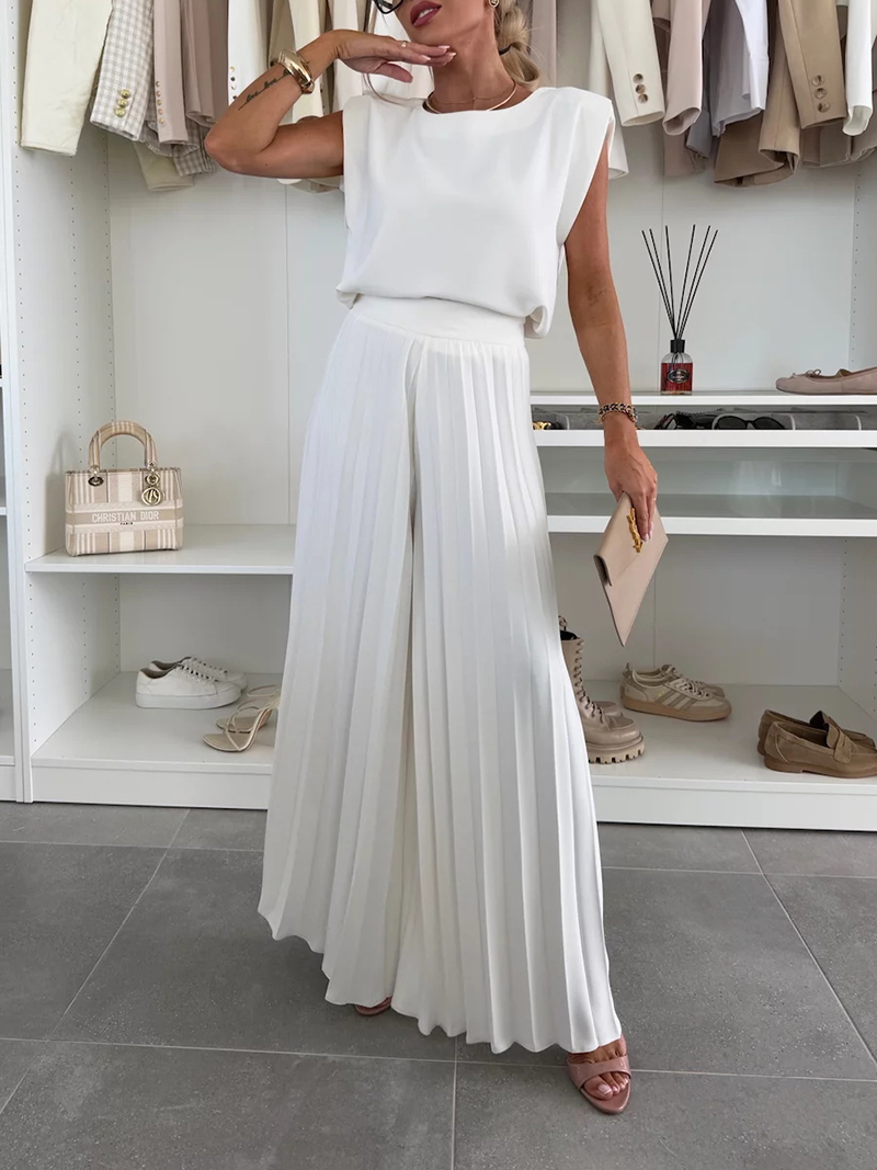 Round Neck Sleeveless Top Pleated Wide Leg Pants Two-Piece Set(BUY 2 FREE SHIPPING)