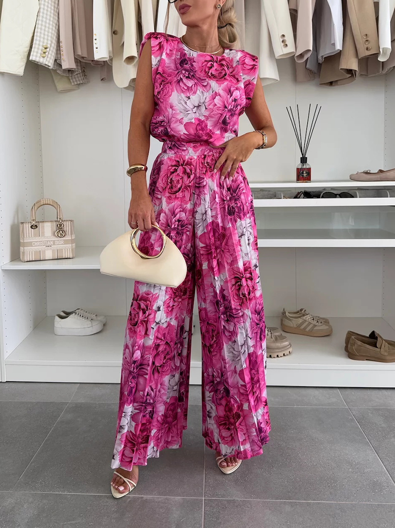 Round Neck Sleeveless Top Pleated Wide Leg Pants Two-Piece Set(BUY 2 FREE SHIPPING)