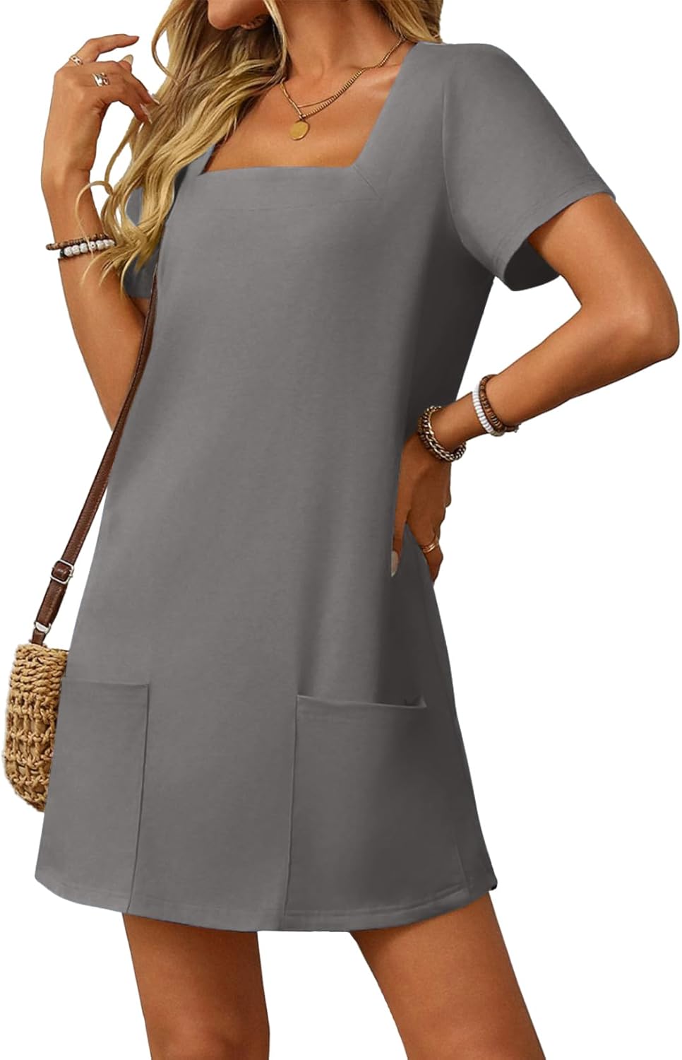 Women's Solid Square Neck Pocket Mini Dress (Buy 2 Free Shipping)