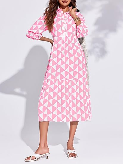 Womens Boho Midi Dress Long Sleeve Casual Color Block Beach Button Down Shirt Dress（BUY 2 FREE SHIPPING)