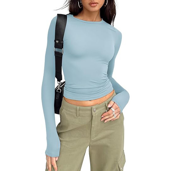 Womens Long Sleeve Shirt Basic Crop Tops Fall Fashion Underscrubs Layer Slim Fit Winter Clothes（BUY 3 FREE SHIPPING)