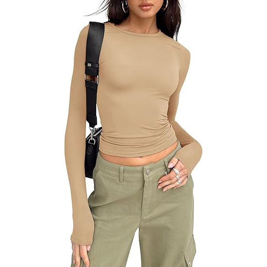 Womens Long Sleeve Shirt Basic Crop Tops Fall Fashion Underscrubs Layer Slim Fit Winter Clothes（BUY 3 FREE SHIPPING)
