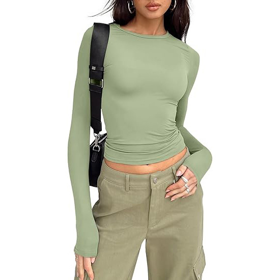 Womens Long Sleeve Shirt Basic Crop Tops Fall Fashion Underscrubs Layer Slim Fit Winter Clothes（BUY 3 FREE SHIPPING)