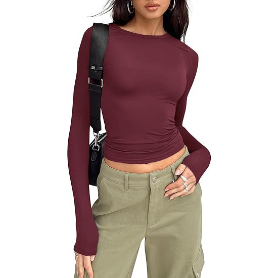Womens Long Sleeve Shirt Basic Crop Tops Fall Fashion Underscrubs Layer Slim Fit Winter Clothes（BUY 3 FREE SHIPPING)