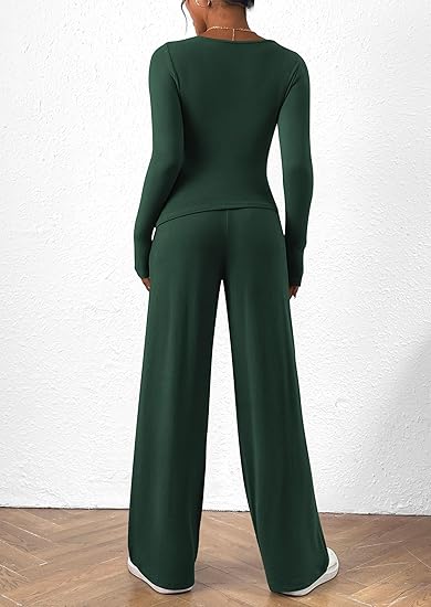 Women's 2 Piece Lounge Sets Asymmetrical Long Sleeve T Shirt Wide Leg Pants Casual Outfits Tracksuit(BUY 2 FREE SHIPPING)