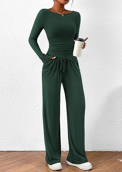 Women's 2 Piece Lounge Sets Asymmetrical Long Sleeve T Shirt Wide Leg Pants Casual Outfits Tracksuit(BUY 2 FREE SHIPPING)