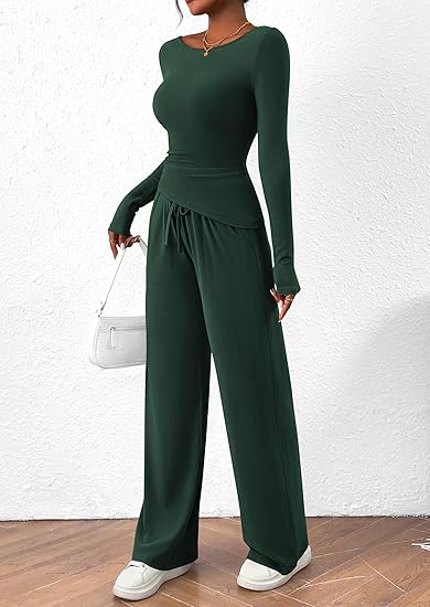 Women's 2 Piece Lounge Sets Asymmetrical Long Sleeve T Shirt Wide Leg Pants Casual Outfits Tracksuit(BUY 2 FREE SHIPPING)