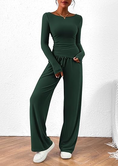 Women's 2 Piece Lounge Sets Asymmetrical Long Sleeve T Shirt Wide Leg Pants Casual Outfits Tracksuit(BUY 2 FREE SHIPPING)