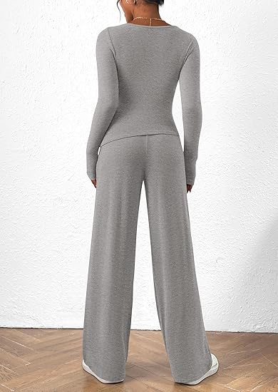Women's 2 Piece Lounge Sets Asymmetrical Long Sleeve T Shirt Wide Leg Pants Casual Outfits Tracksuit(BUY 2 FREE SHIPPING)