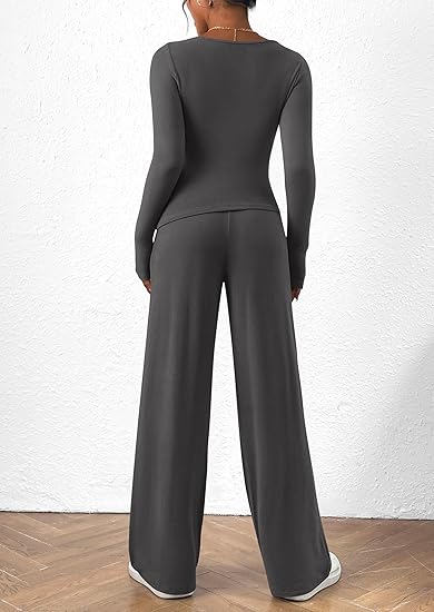 Women's 2 Piece Lounge Sets Asymmetrical Long Sleeve T Shirt Wide Leg Pants Casual Outfits Tracksuit(BUY 2 FREE SHIPPING)