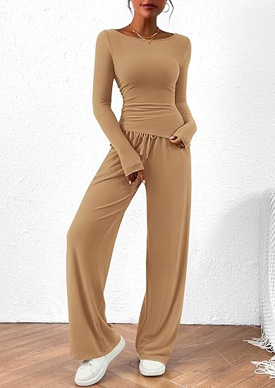 Women's 2 Piece Lounge Sets Asymmetrical Long Sleeve T Shirt Wide Leg Pants Casual Outfits Tracksuit(BUY 2 FREE SHIPPING)