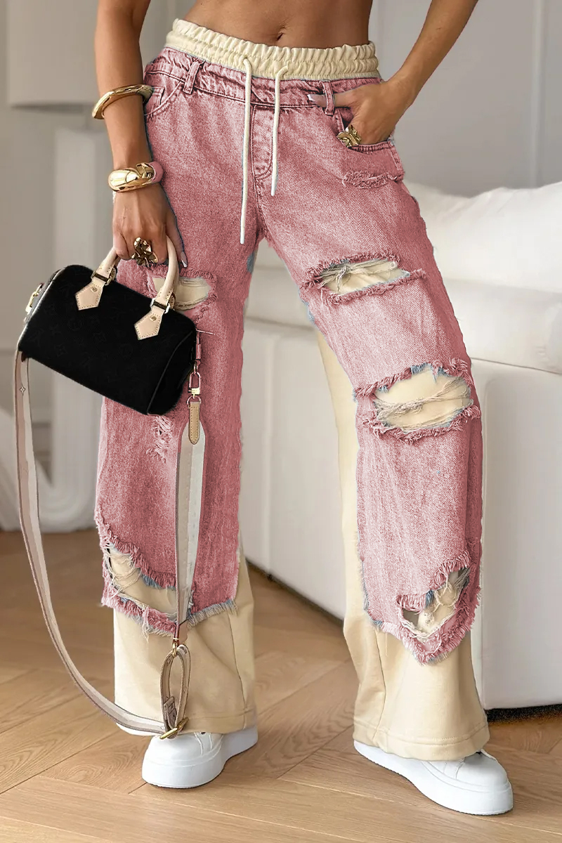 Women's Denim Trousers with Stitching and Ripped Design