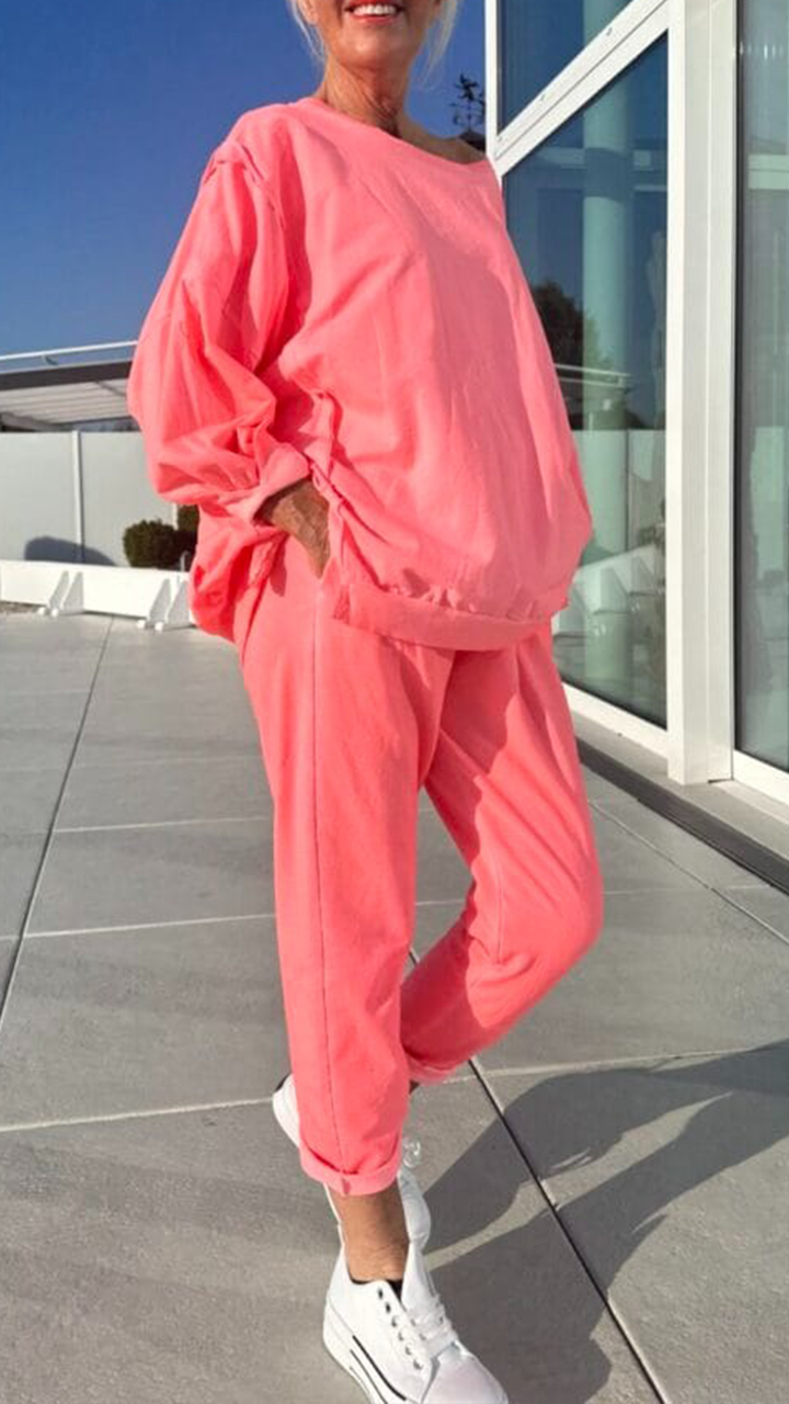 Women's Round Neck Slit Fluorescent Color Casual Suit