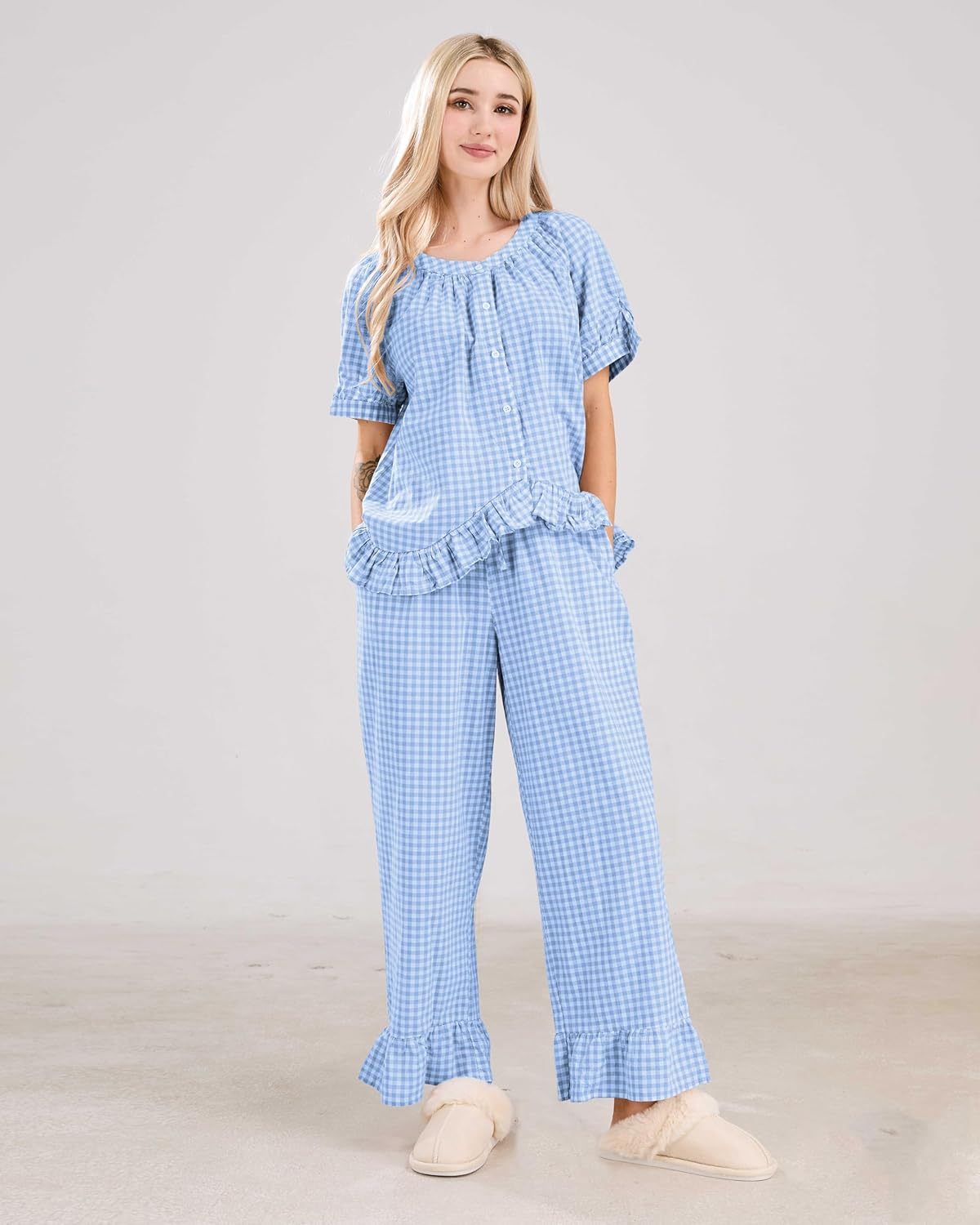Women Plaid 2 Piece Set Pajamas Outfits Short Sleeve Ruffle Shirt Pants Sets(BUY 2 FREE SHIPPING)