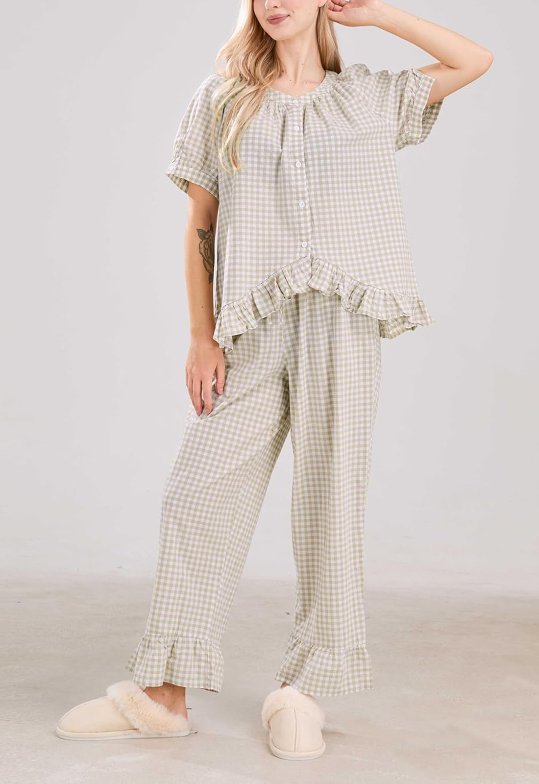 Women Plaid 2 Piece Set Pajamas Outfits Short Sleeve Ruffle Shirt Pants Sets(BUY 2 FREE SHIPPING)