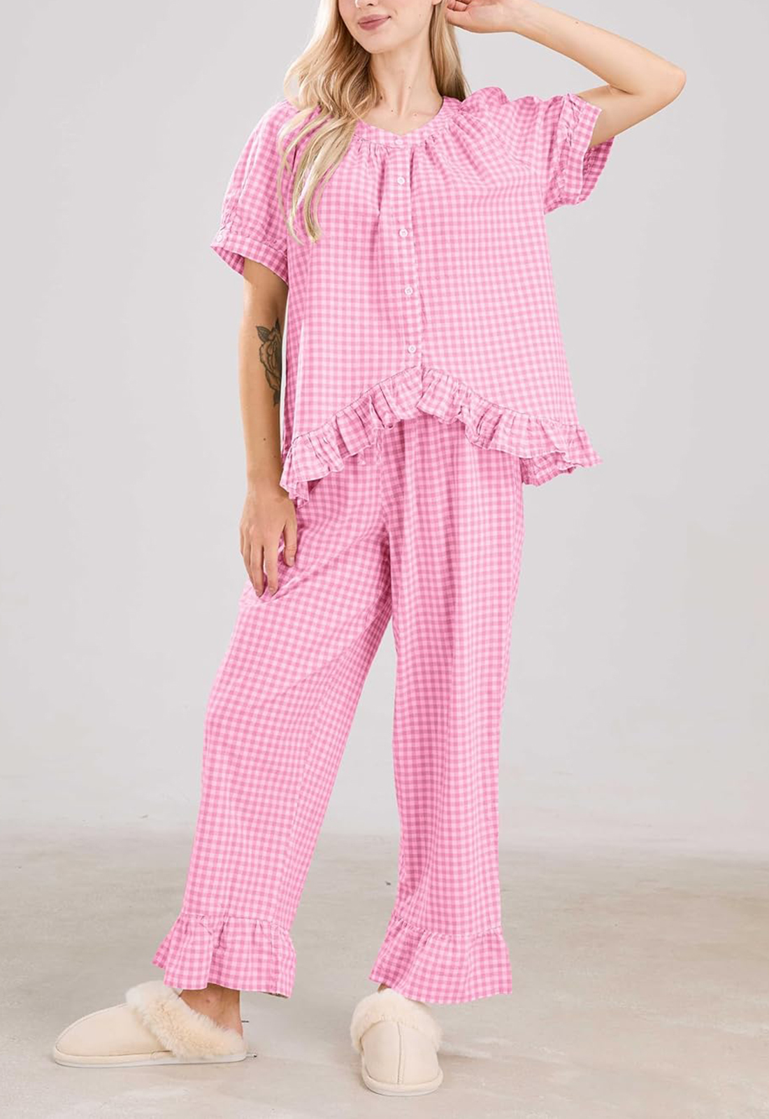 Women Plaid 2 Piece Set Pajamas Outfits Short Sleeve Ruffle Shirt Pants Sets(BUY 2 FREE SHIPPING)
