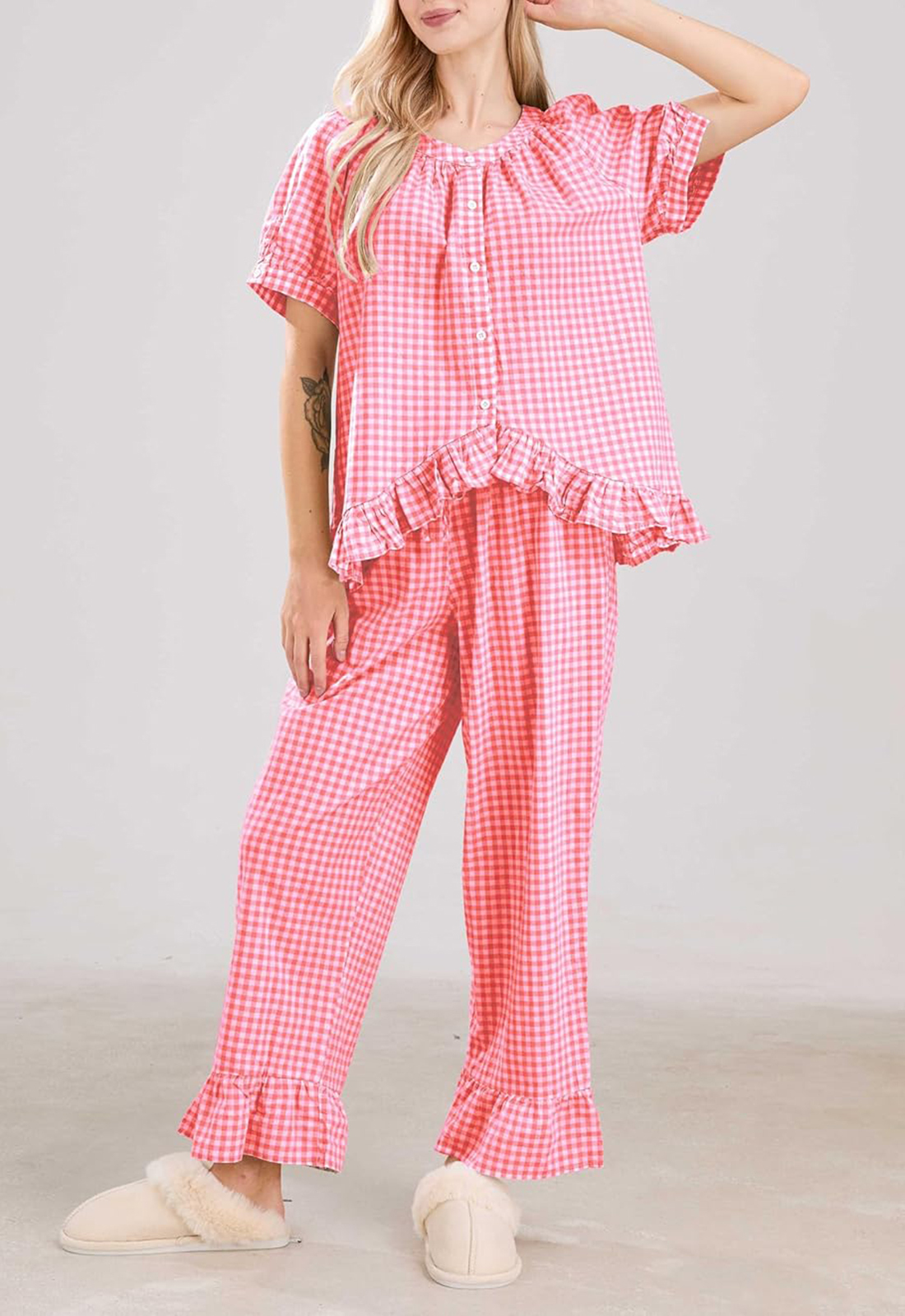Women Plaid 2 Piece Set Pajamas Outfits Short Sleeve Ruffle Shirt Pants Sets(BUY 2 FREE SHIPPING)