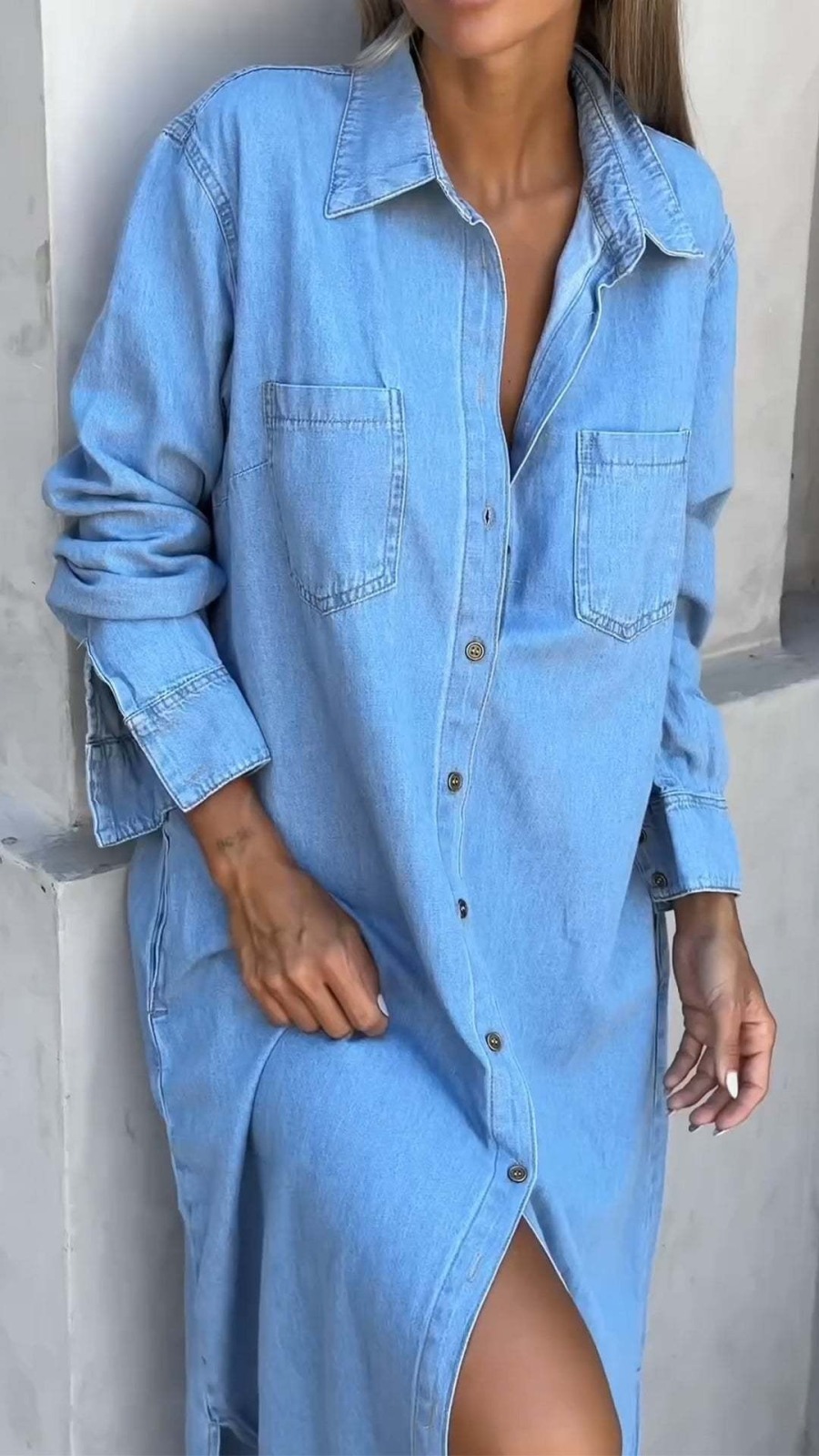 Lapel Button Long Sleeve Denim Long Dress