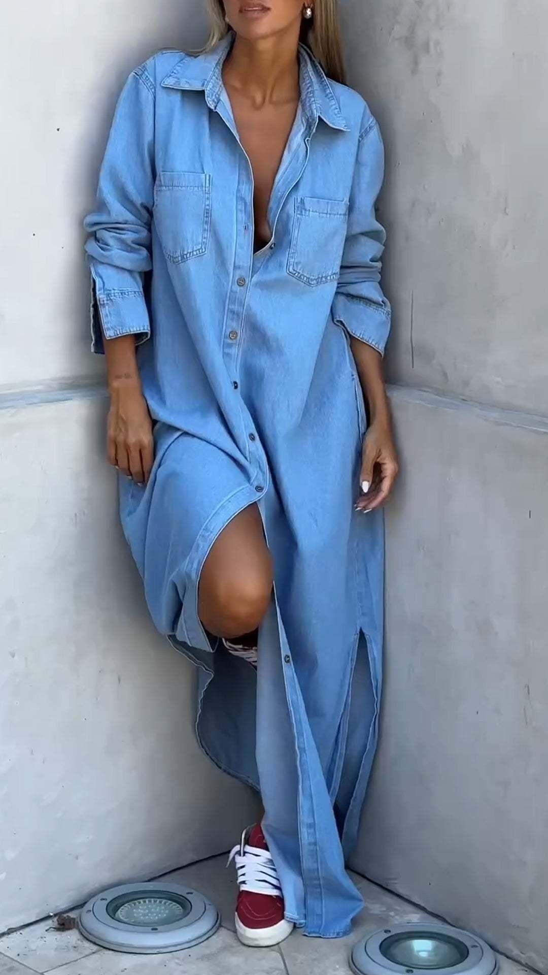 Lapel Button Long Sleeve Denim Long Dress