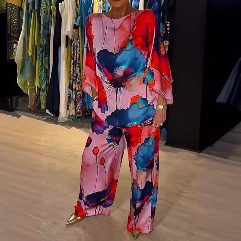 Stylish Watercolor Floral Print Loose 2-Piece Suit