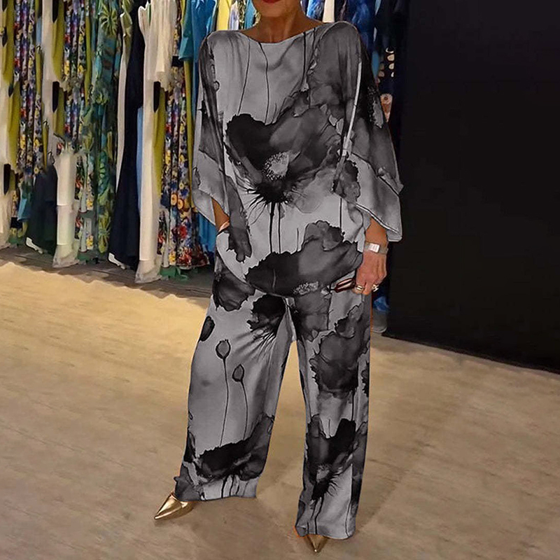 Stylish Watercolor Floral Print Loose 2-Piece Suit