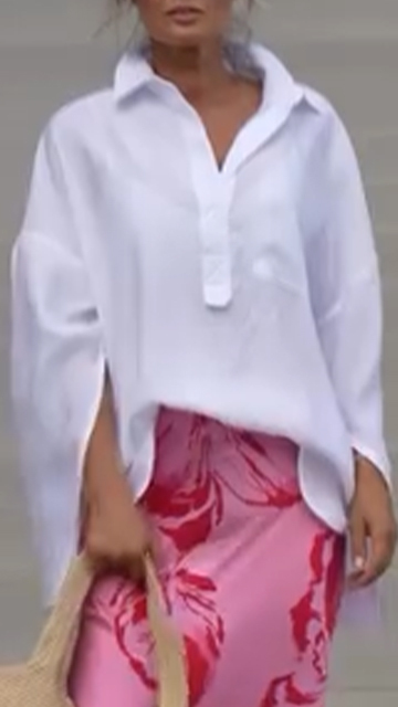 Ladies' Loose Collar Shirt with Printed Long Skirt Casual Set
