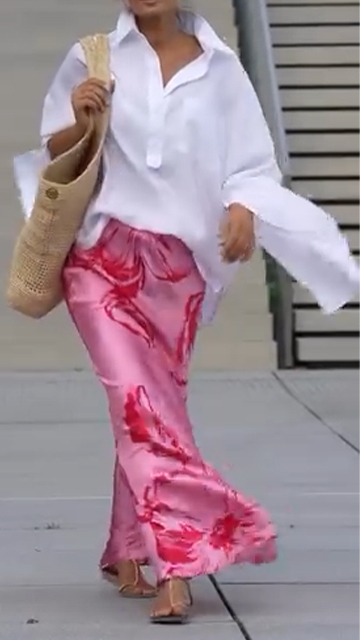 Ladies' Loose Collar Shirt with Printed Long Skirt Casual Set