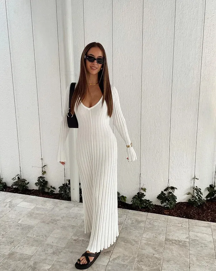 V-Neck Sleeved Knit Midi Dress(Buy 2 Free Shipping)