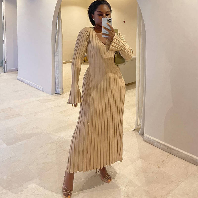 V-Neck Sleeved Knit Midi Dress(Buy 2 Free Shipping)