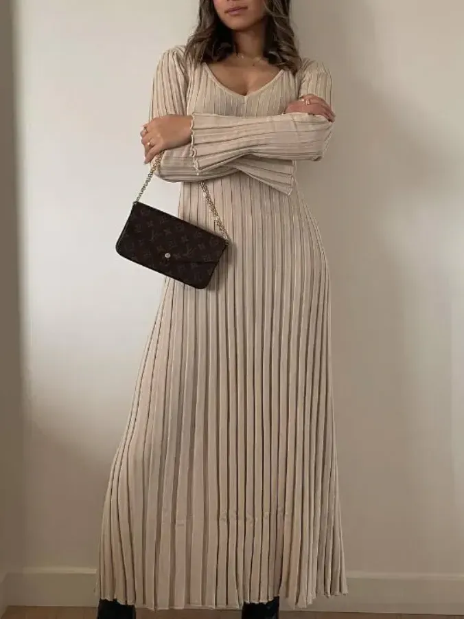 V-Neck Sleeved Knit Midi Dress(Buy 2 Free Shipping)