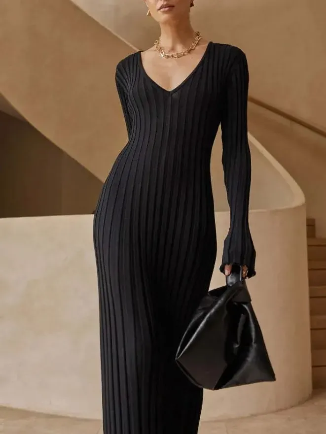 V-Neck Sleeved Knit Midi Dress(Buy 2 Free Shipping)