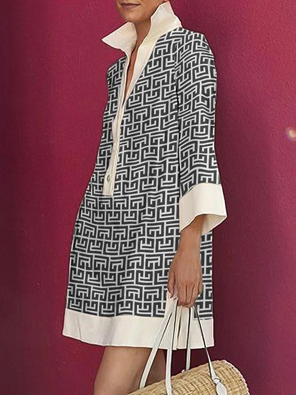 Women's Three-Quarter Sleeves Printed Lapel Shirt Dress (Buy 2 Free Shipping)