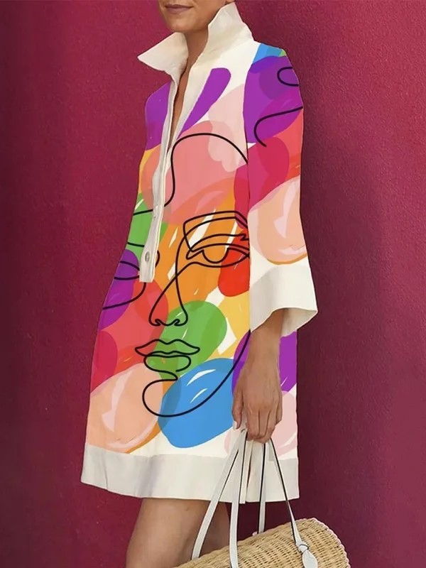 Women's Three-Quarter Sleeves Printed Lapel Shirt Dress (Buy 2 Free Shipping)