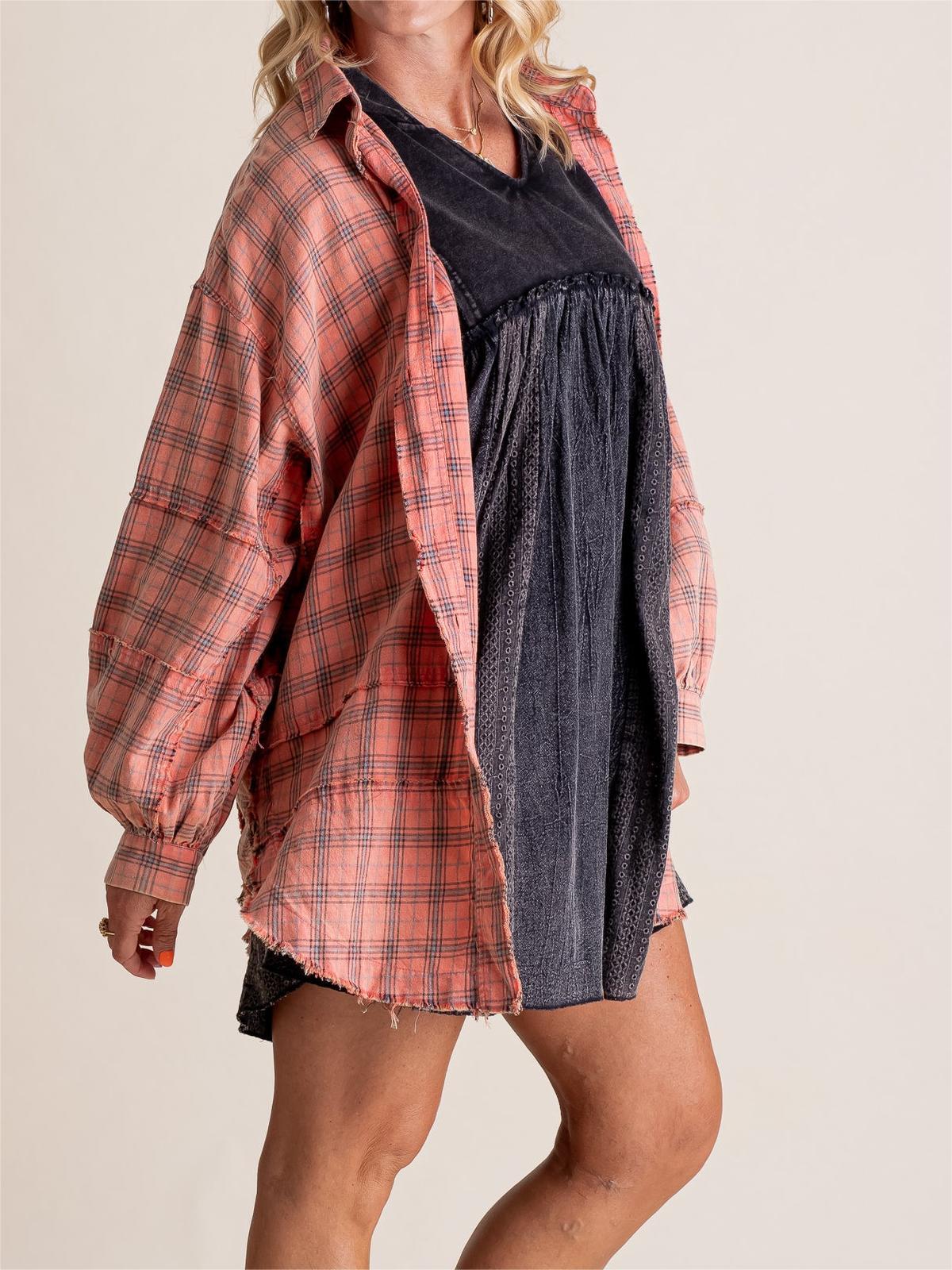 Women's Mineral Washed Button Down Plaid Flannel Shirt (Buy 2 Free Shipping)