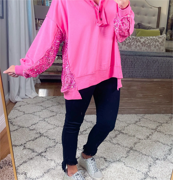 Women's Sequin Colorblock Henley Sweatshirt (Buy 2 Free Shipping)