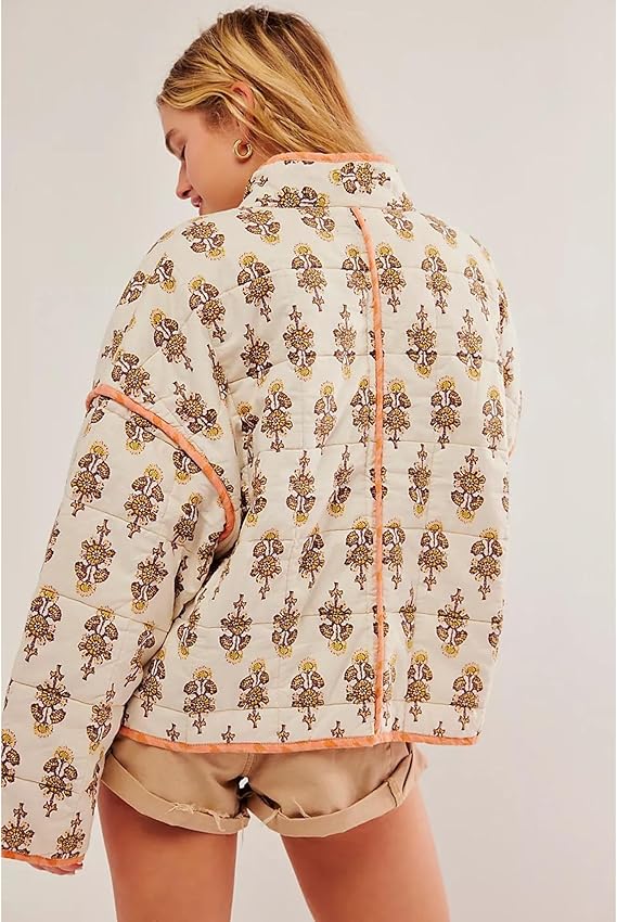 Women's Cropped Floral Quilted Jacket Cardigan Printed Lightweight Open Front Padded Puffer Coat（BUY 2 FREE SHIPPING)