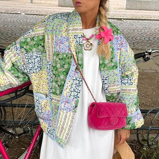 Women's Cropped Floral Quilted Jacket Cardigan Printed Lightweight Open Front Padded Puffer Coat（BUY 2 FREE SHIPPING)
