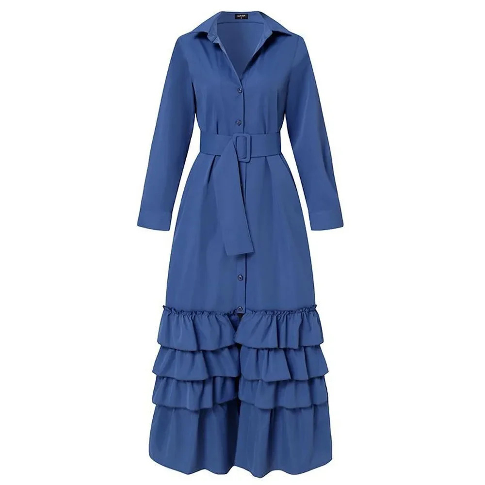 Fashion Casual Solid Color Lapel Long Sleeve Belt Maxi Dress(BUY 2 FREE SHIPPING)