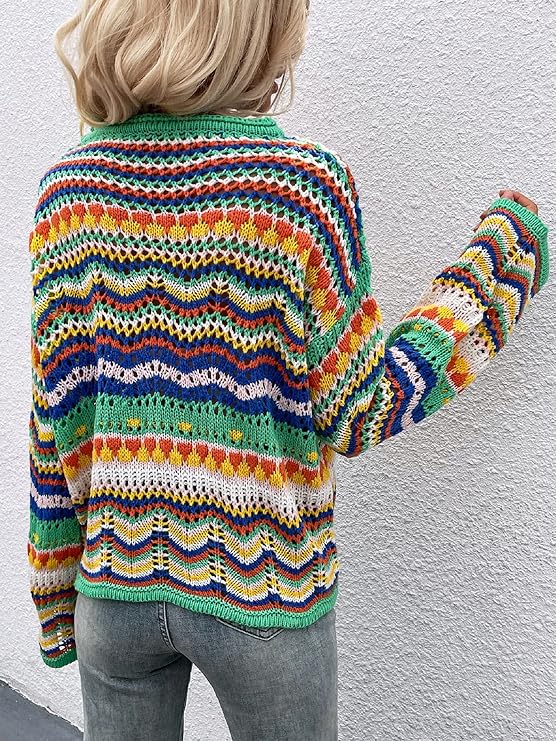 Women's Loose Striped Spliced Knitted Sweaters Female Round Neck Contrasting Pullovers