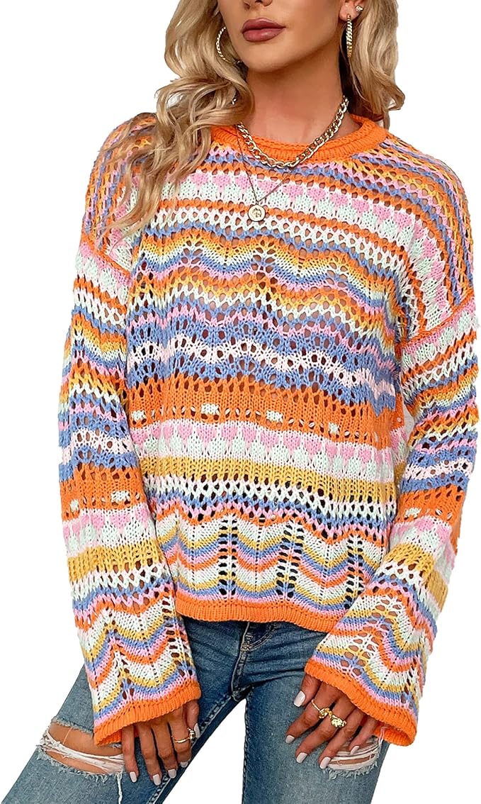 Women's Loose Striped Spliced Knitted Sweaters Female Round Neck Contrasting Pullovers