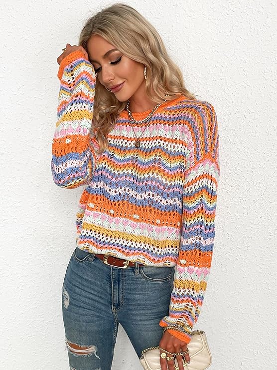 Women's Loose Striped Spliced Knitted Sweaters Female Round Neck Contrasting Pullovers