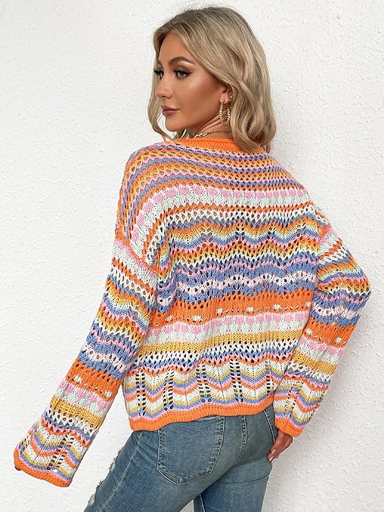 Women's Loose Striped Spliced Knitted Sweaters Female Round Neck Contrasting Pullovers