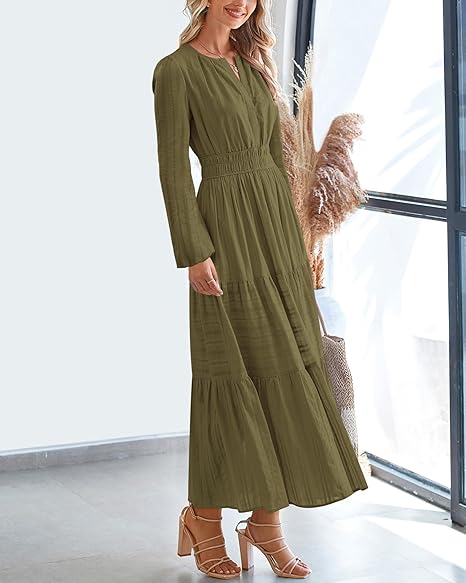 Women Casual Long Sleeve V Neck Elastic Pocket Dress