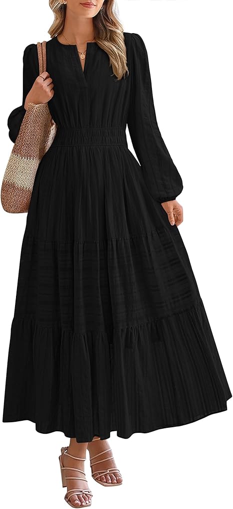 Women Casual Long Sleeve V Neck Elastic Pocket Dress
