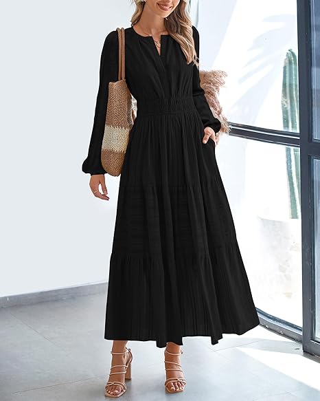 Women Casual Long Sleeve V Neck Elastic Pocket Dress