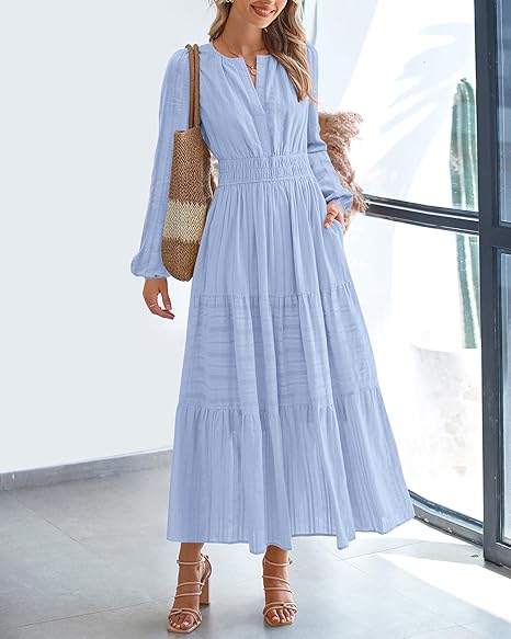 Women Casual Long Sleeve V Neck Elastic Pocket Dress