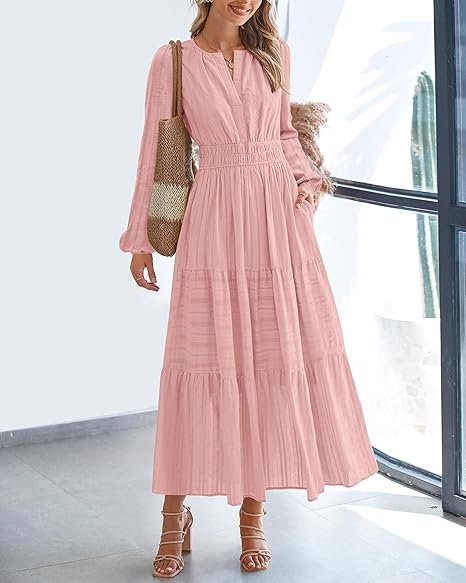 Women Casual Long Sleeve V Neck Elastic Pocket Dress